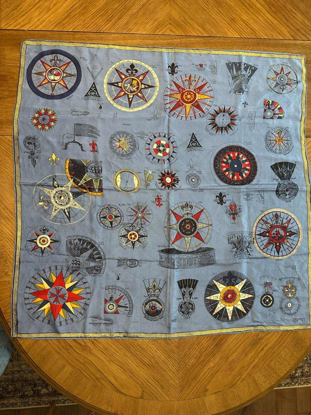 ESPRIT Navy Compass Print Silk Scarf with Red & Yellow Accents